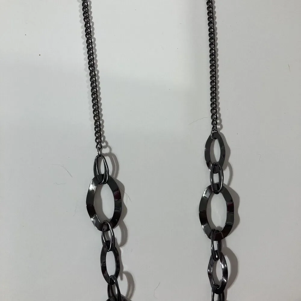 Long Gun Metal Gray Indented Oval Ring Layered Chain Statement Necklace